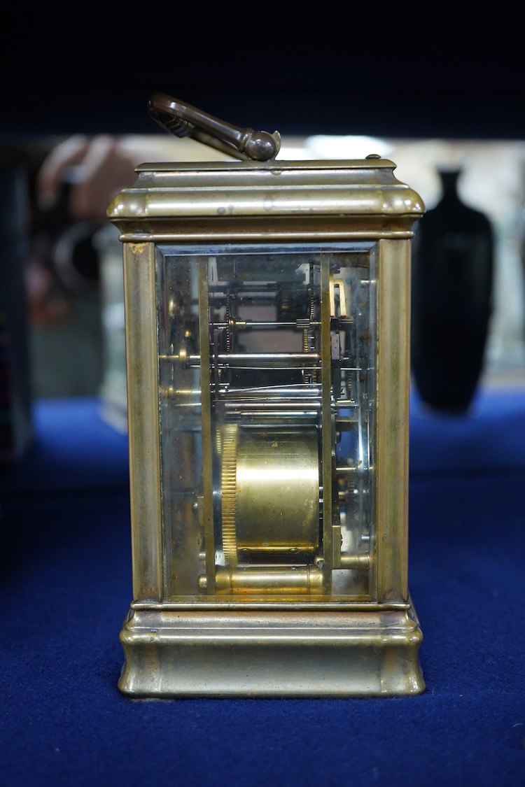 An early 20th century A. Margaine brass gorge-cased Grande Sonnerie carriage clock with alarm and repeat, by with key, 18cm high